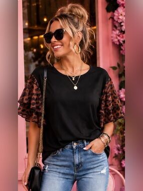 WIHOLL Women’s Black Top with Brown Leopard Ruffle Sleeves